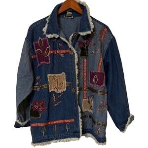 Vtg Sara Studio Denim Patchwork Jacket Women 2XL Art Embroidered Floral Boho 90s
